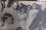 2500th Buddha Jayanti celebrations at Ambedkar Bhavan, New Delhi. From left are Mr. Shankranand Shashtri, Dr. Ambedkar, Mrs. Savita Ambedkar and Buddhist monks. Dr. Ambedkar is scarcely seen without spectacles as he is here
