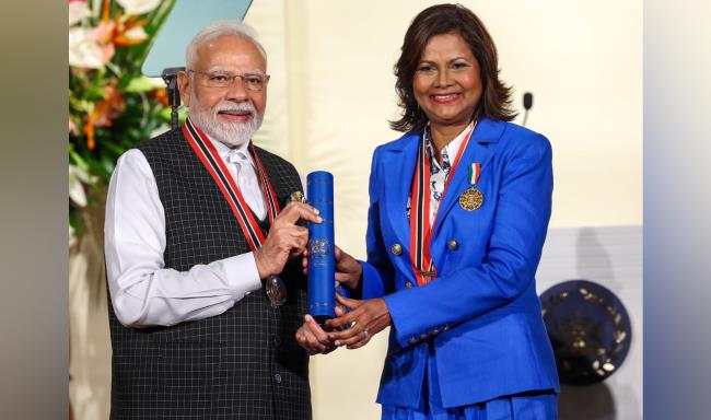 Prime Minister Shri Narendra Modi conferred with ‘The Order of the Republic of Trinidad and Tobago’, highest civilian honour of Trinidad and Tobago by H.E. Ms. Christine Carla Kangaloo, President of the Republic of Trinidad and Tobago in Port of Spain