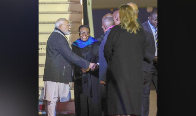 Prime Minister Shri Narendra Modi received by H.E. Ms. Selma Ashipala-Musavyi, Minister of International relations & trade of Namibia upon his arrival in the capital city of Windhoek, Namibia