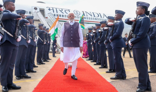 Prime Minister Shri Narendra Modi arrived in Pretoria to participate in the G20 Summit and accorded a ceremonial welcome in Johannesburg, South Africa