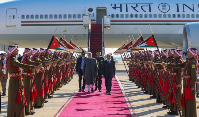 Prime Minister Shri Narendra Modi received by H.E. Dr. Jafar Hassan, Prime Minister of Jordan and accorded a ceremonial welcome upon his arrival in Amman, Jordan