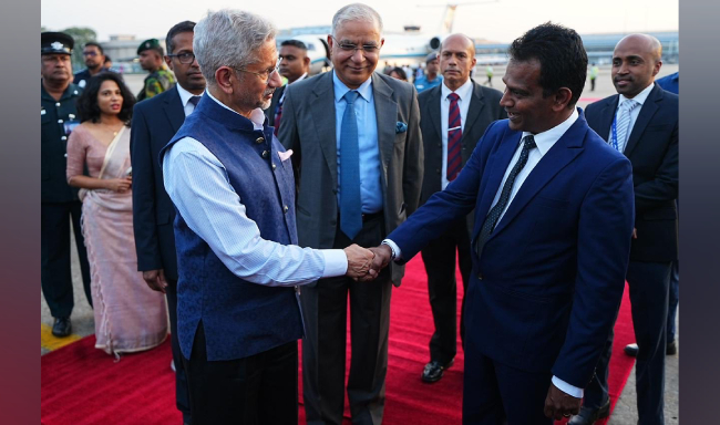 External Affairs Minister Dr. S. Jaishankar received by H.E. Mr. Ruwan Ranasinghe, Deputy Minister of Tourism upon his arrival at the Bandaranaike International Airport in Colombo, Sri Lanka