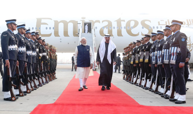 President of the United Arab Emirates, H.H. Sheikh Mohamed bin Zayed Al Nahyan received by Prime Minister Shri Narendra Modi upon his arrival at the airport in New Delhi