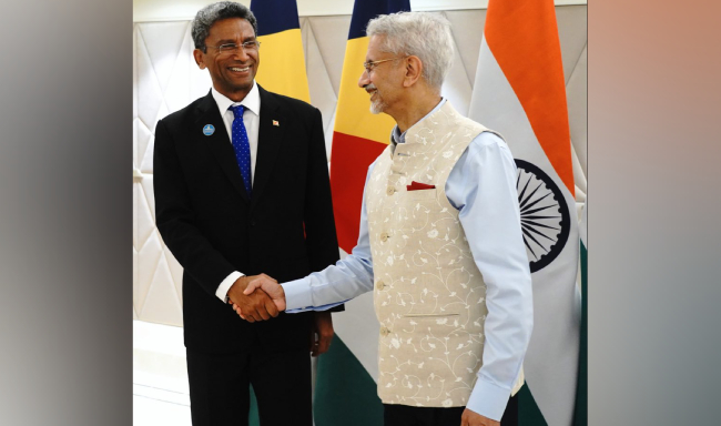External Affairs Minister Dr. S. Jaishankar met H.E. Mr. Barry Faure, Secretary of State for Foreign Affairs of Seychelles on the sidelines of Raisina Dialogue 2026 in New Delhi
