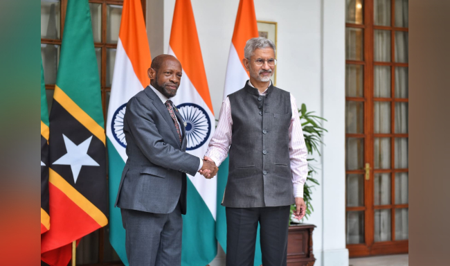 External Affairs Minister Dr. S. Jaishankar met The Rt. Honourable Dr. Denzil L. Douglas, Minister of Foreign Affairs, International Trade, Industry, Commerce and Consumer Affairs, Economic Development and Investment of Saint Kitts and Nevis in New Delhi
