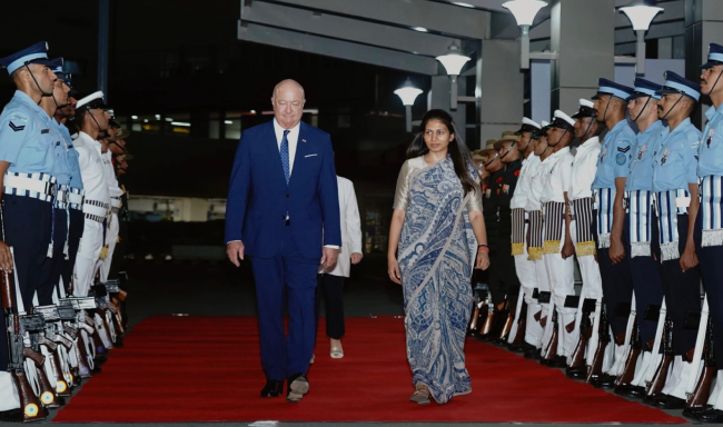 Federal Chancellor of the Republic of Austria, H.E. Dr. Christian Stocker received by Smt. Raksha Khadse, Minister of State for Youth Affairs and Sports upon his arrival at the airport in New Delhi