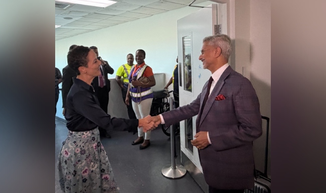 External Affairs Minister Dr. S. Jaishankar arrived in Kingston on his first visit to Jamaica and received by Hon. Kamina Johnson Smith, Minister of Foreign Affairs and Foreign Trade of Jamaica
