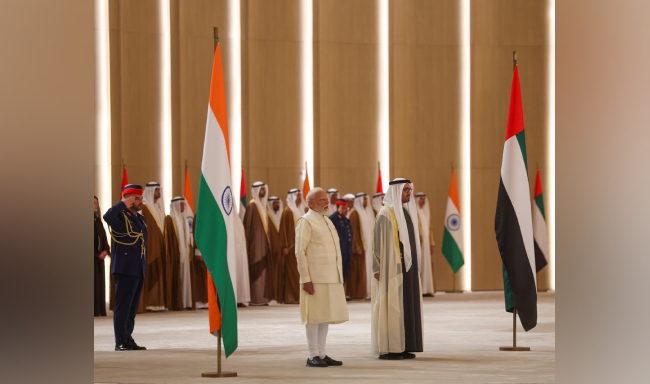 Prime Minister Shri Narendra Modi arrived in Abu Dhabi received by HH Sheikh Mohamed bin Zayed Al Nahyan, President of the United Arab Emirates at the airport