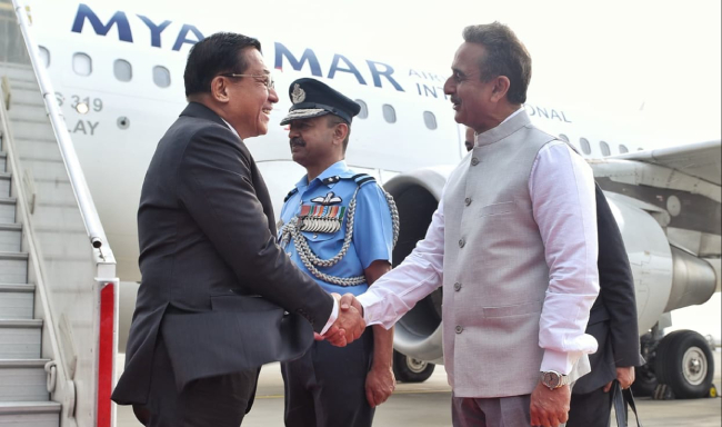 President of the Republic of the Union of Myanmar, H.E. U Min Aung Hlaing received by Minister of State for External Affairs Shri Kirti Vardhan Singh upon his arrival at the airport in New Delhi