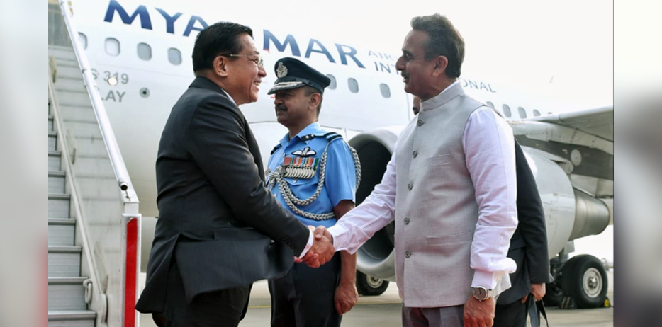 President of the Republic of the Union of Myanmar, H.E. U Min Aung Hlaing received by Minister of State for External Affairs Shri Kirti Vardhan Singh upon his arrival at the airport in New Delhi