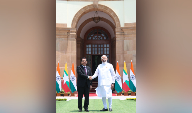 Prime Minister Shri Narendra Modi welcomed H.E. U Min Aung Hlaing, President of the Republic of the Union of Myanmar at Hyderabad House